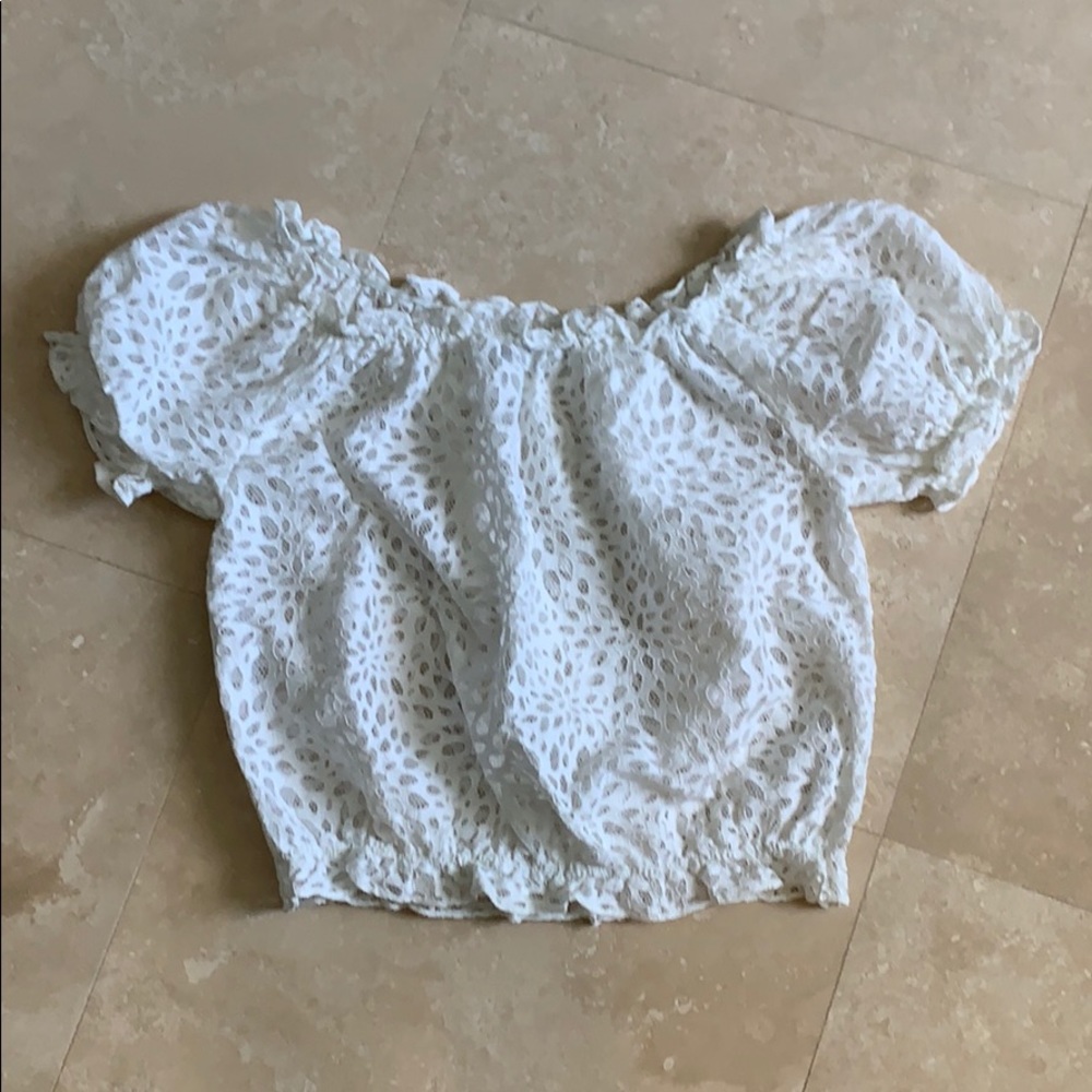 White lace eyelet off shoulder crop top